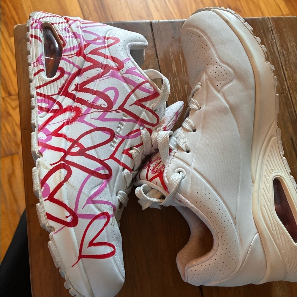 Skechers White and Pink Heart Sneakers